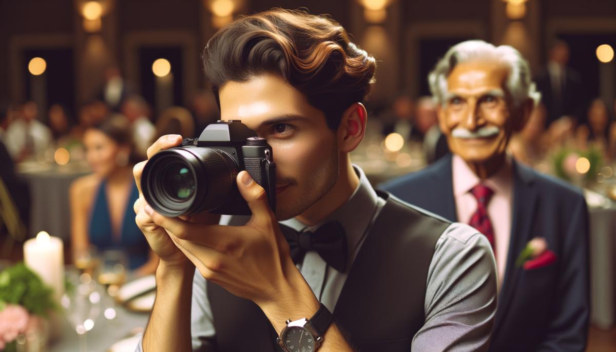 A professional event photographer discreetly capturing moments at a gala in Dallas, demonstrating creativity and adaptability