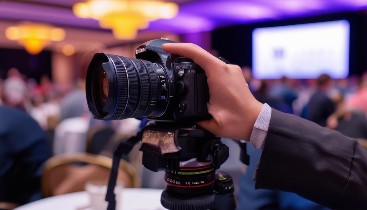 A professional event photographer capturing moments at a corporate conference in Dallas