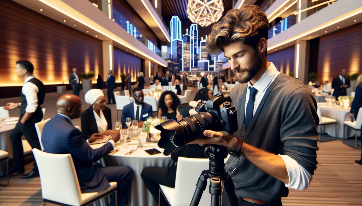 A professional event photographer capturing moments at a corporate gathering in Dallas