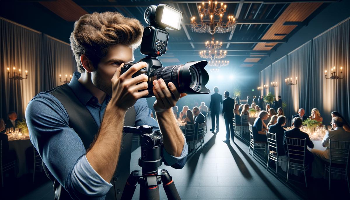 An event photographer skillfully managing low-light conditions at an Atlanta venue