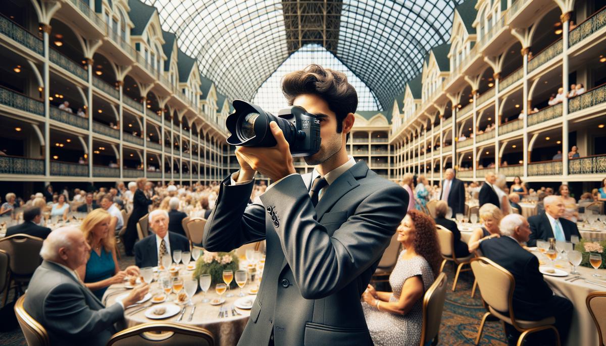 An event photographer capturing candid moments at a corporate event in the Opryland Hotel