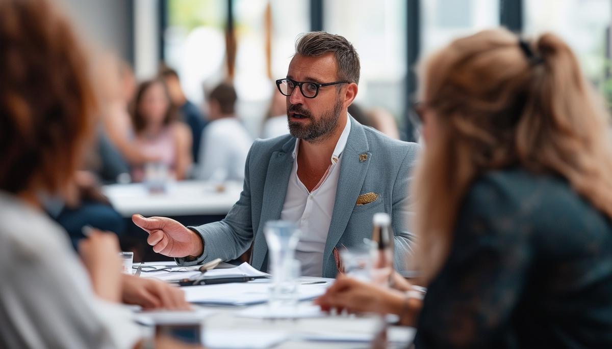 An event photographer engages in a planning meeting with event organizers, discussing the schedule, key moments to capture, and specific photography requirements.