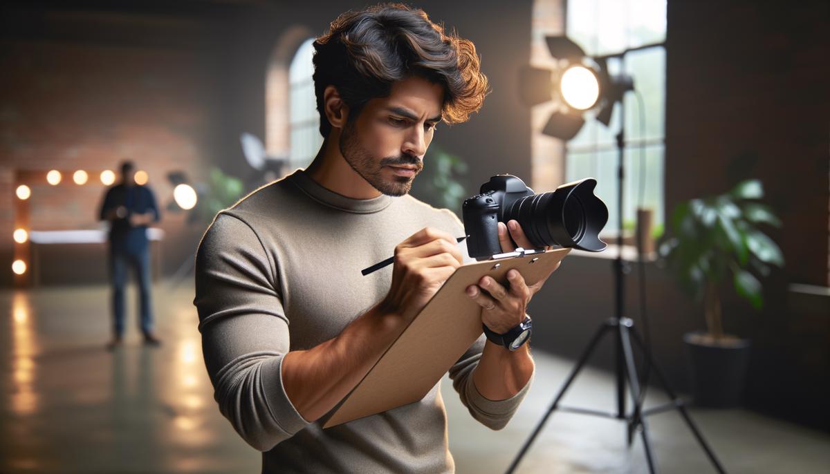 An event photographer examining a venue before an event, making notes and planning shots