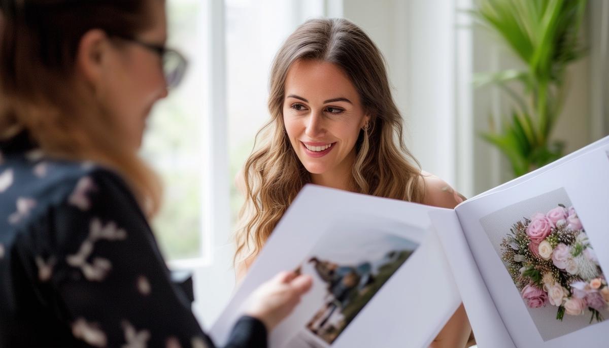 A professional event photographer reviewing their portfolio with a client