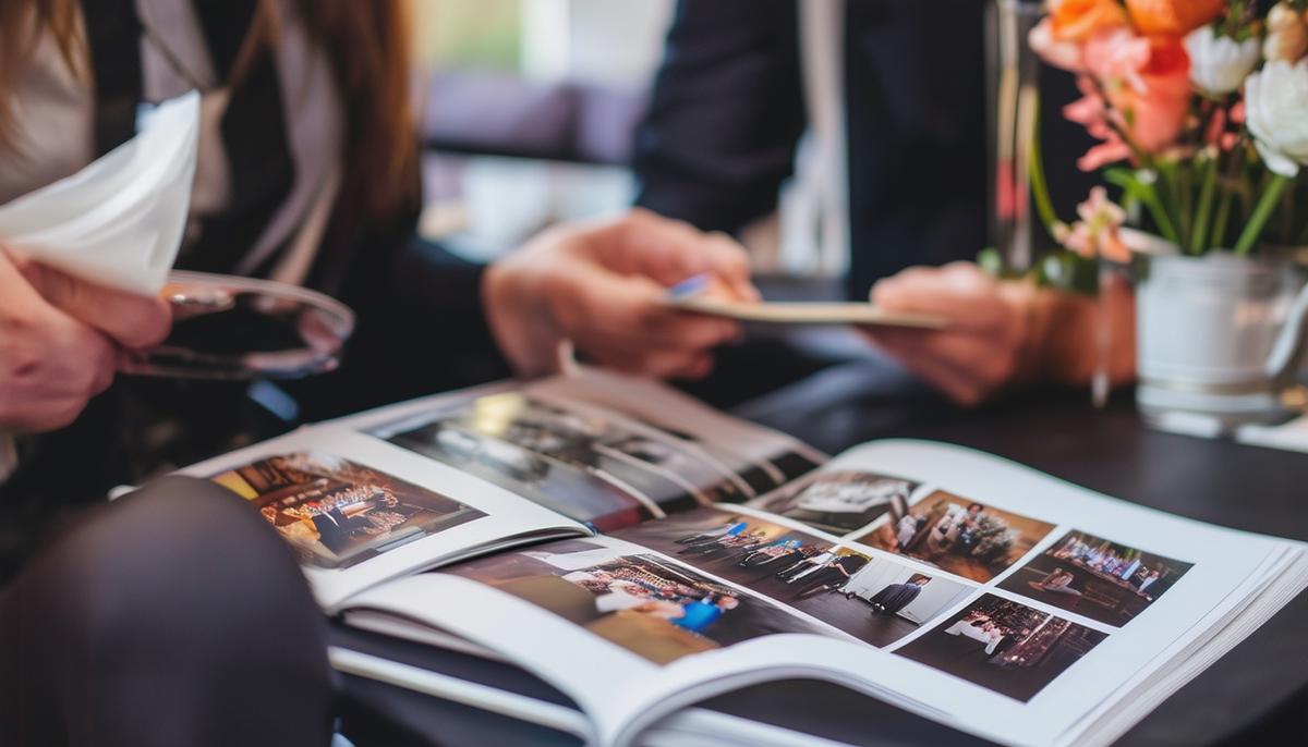 A client reviewing a professional event photographer's portfolio, showcasing various corporate event photographs