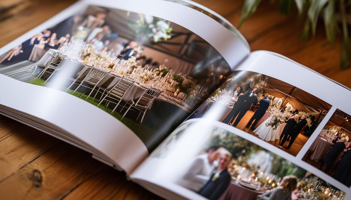 An open portfolio book showing a selection of high-quality, stylistically consistent event photographs from both corporate events and personal celebrations, demonstrating the photographer's experience and style.