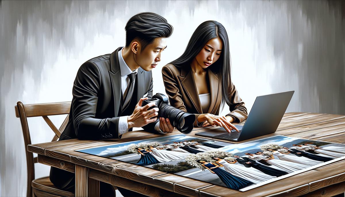 A professional event photographer reviewing their portfolio with a potential client