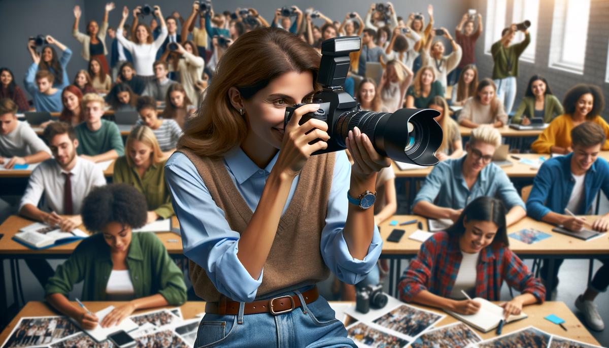 A university event photographer using various techniques, including candid, posed, and photojournalistic shots, to capture the essence of an academic gathering.