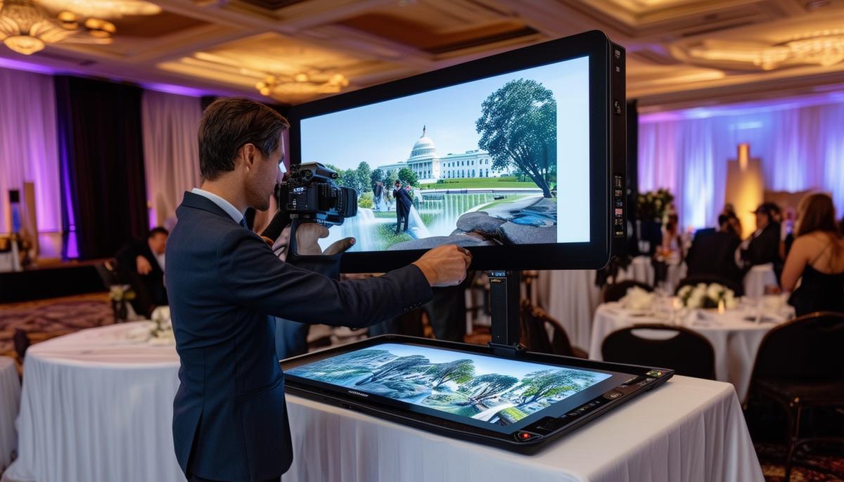 An event photographer demonstrating on-site printing and 3D virtual photography services at a Washington D.C. venue