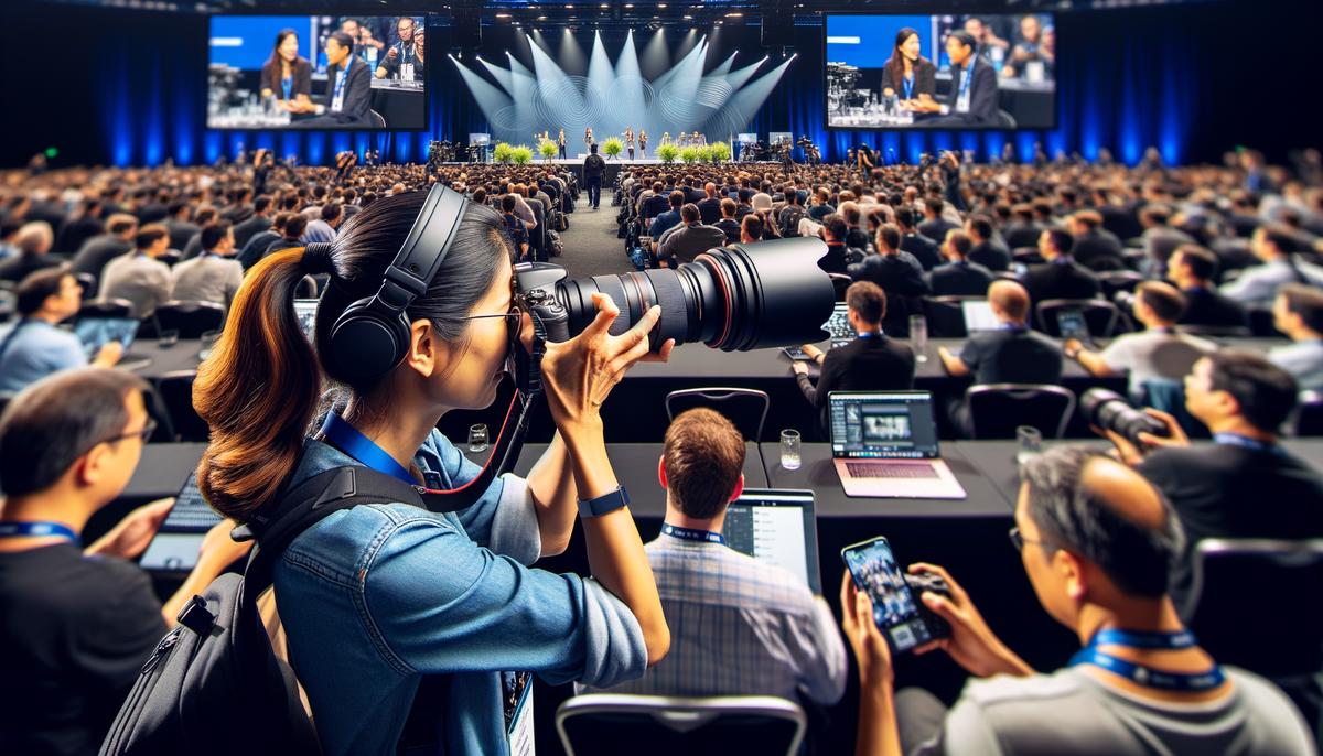 An event photographer switches between wide-angle and telephoto lenses to capture diverse perspectives of a tech conference, from expansive room shots to intimate close-ups of speakers and attendees.