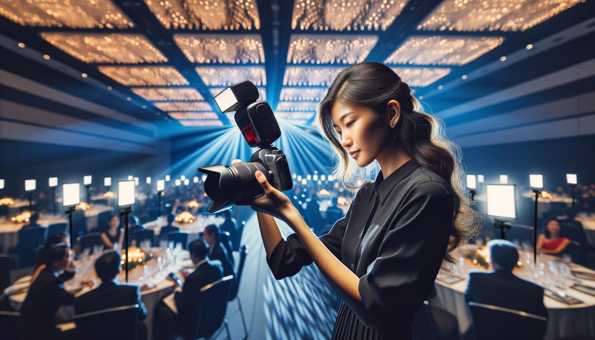 An event photographer utilizing different lighting techniques to capture a well-lit shot in a dimly lit indoor setting