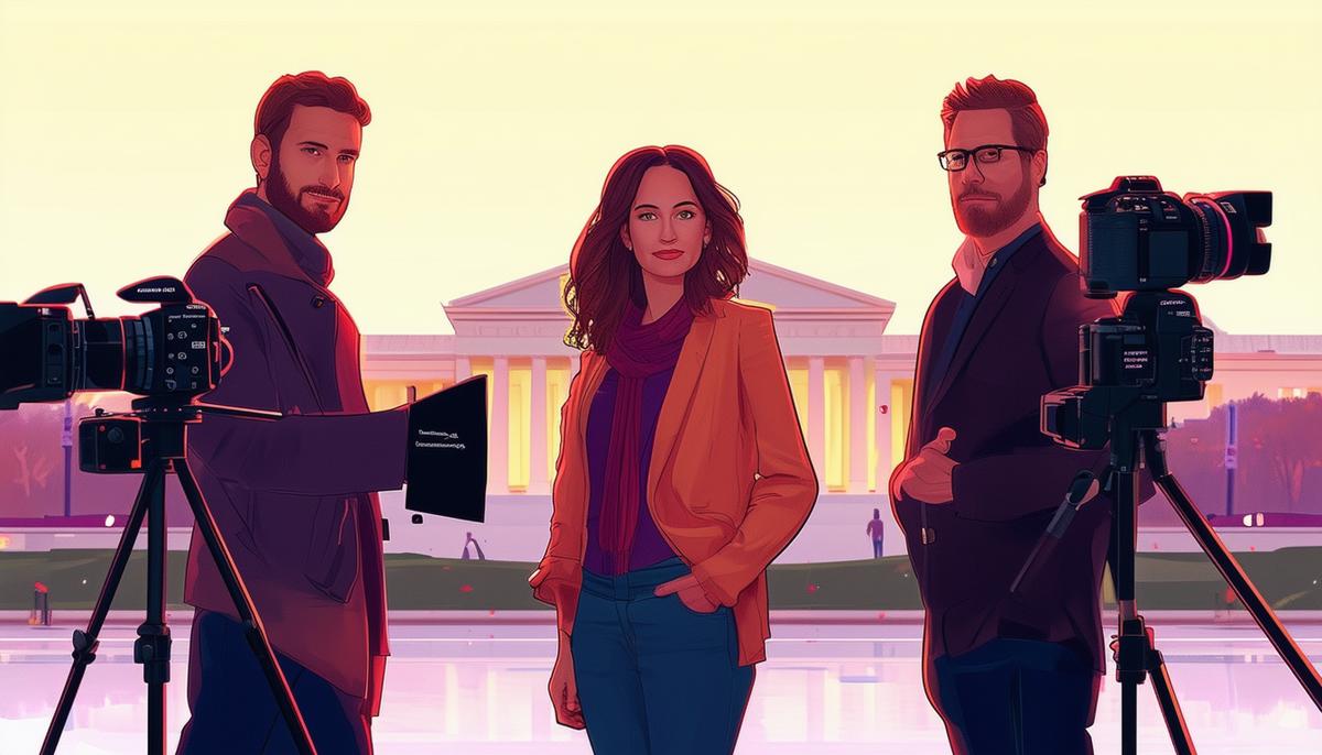 Three professional event photographers, representing Stefan, Ana, and Kea Taylor, standing with their equipment in front of a Washington D.C. landmark