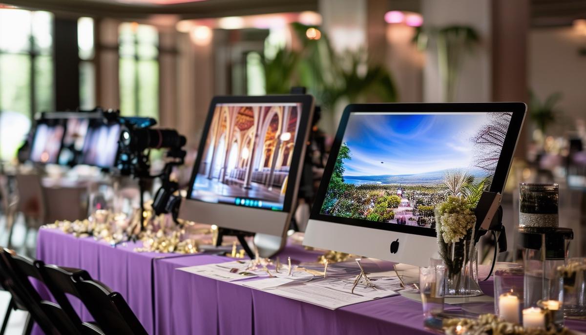 A display of various event photography services including videography, 3D tours, and on-site printing