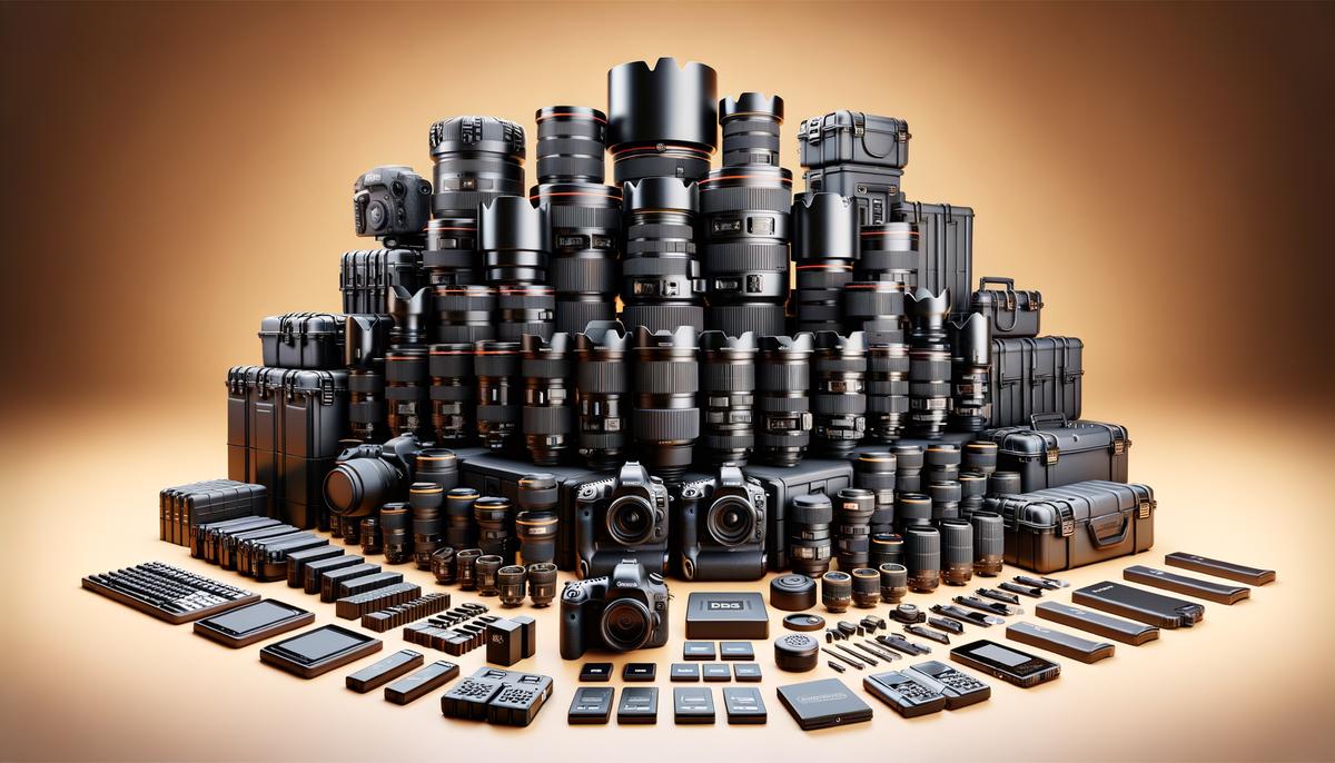 An organized display of backup photography equipment for corporate event coverage