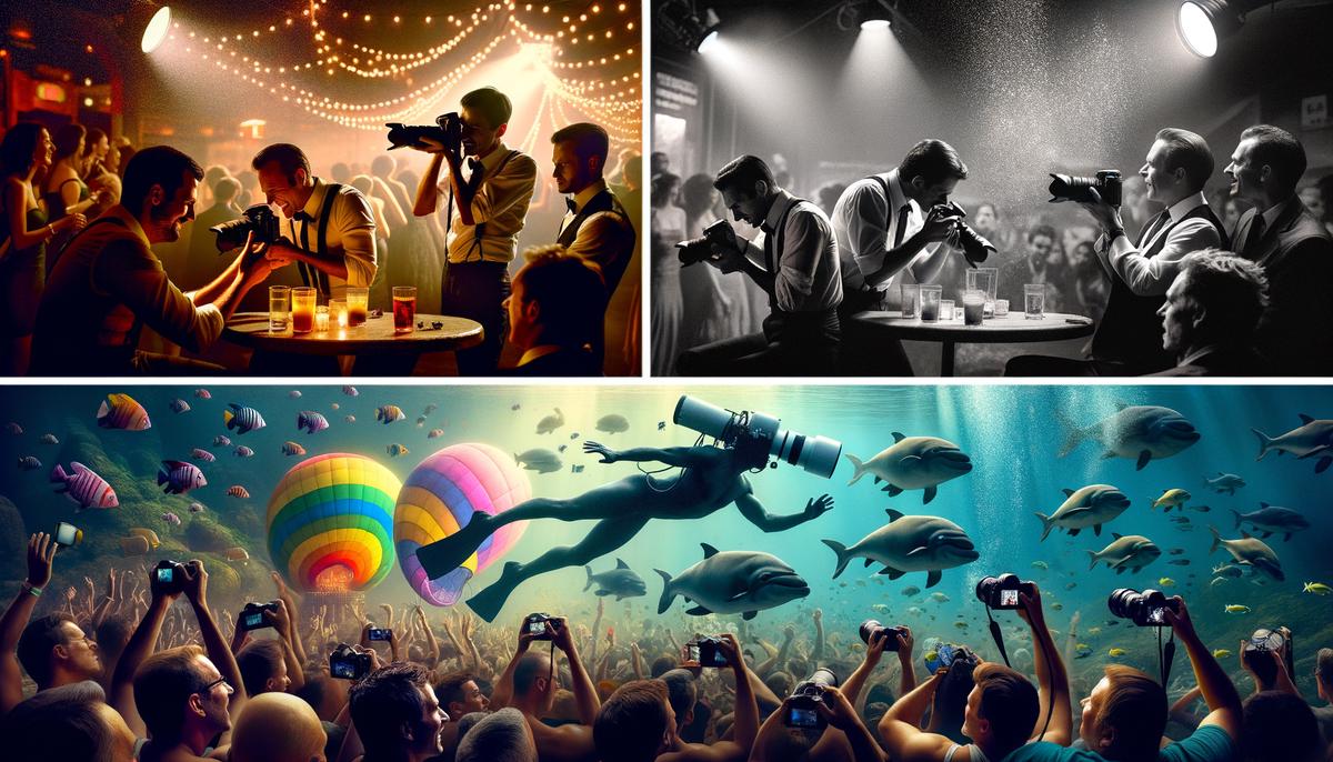 A collage showcasing different challenging event photography scenarios