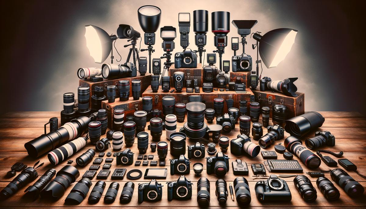 A comprehensive display of essential event photography equipment including cameras, lenses, and lighting