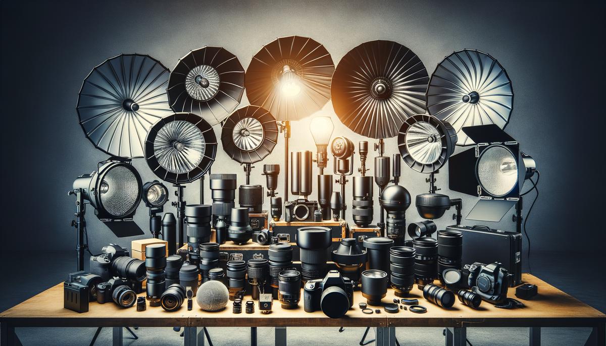 Display of event photography lighting equipment including softboxes, reflectors, and diffusers
