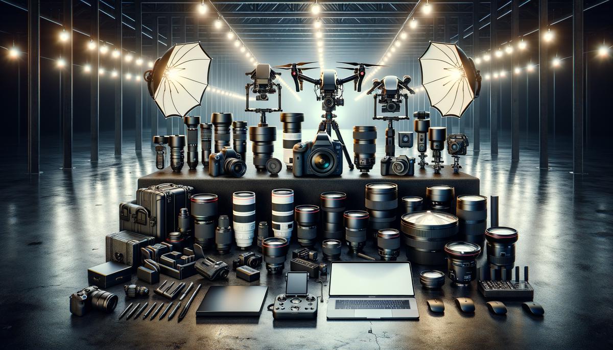 An array of specialized event photography equipment including cameras, lenses, lighting, and a drone