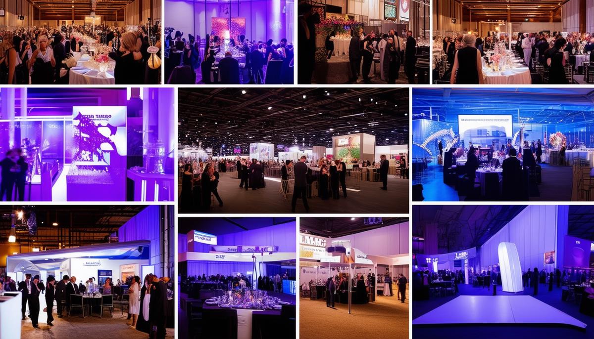 A collage showcasing various event photography services including corporate events, portraits, galas, and trade shows