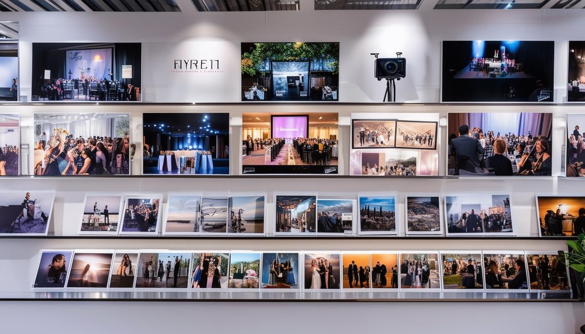 A professional display showcasing various event photography services including high-resolution images, on-site prints, and headshot lounges