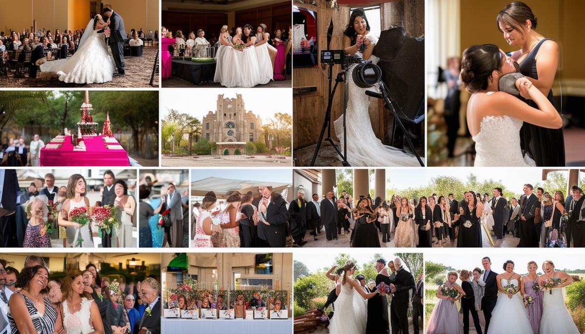 A montage of images depicting the diverse range of events covered by San Antonio photographers, from weddings and corporate gatherings to school functions and community celebrations.