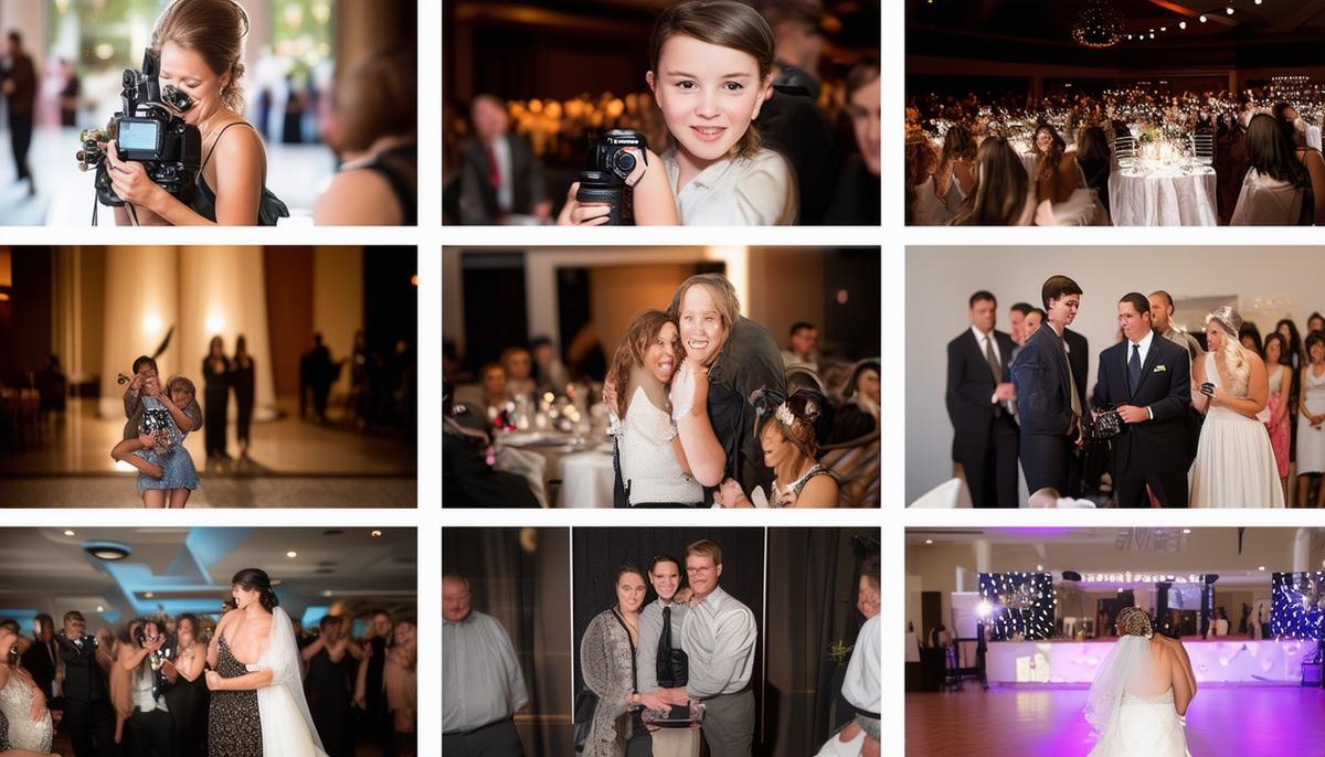 A series of images illustrating the various photography styles and techniques used by Houston event photographers, including candid shots, photojournalistic approaches, formal portraits, and step-and-repeat setups. The images showcase the photographers' ability to blend styles and adapt to different event requirements while maintaining high-quality results.