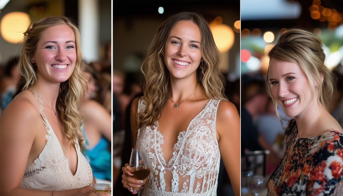 Three side-by-side images demonstrating candid, posed, and editorial event photography styles in Tampa