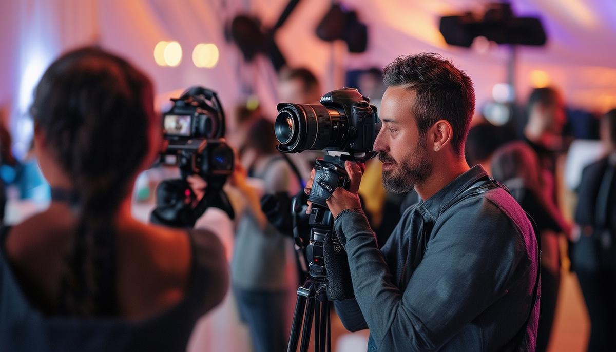 A diverse team of event photographers working together at a large-scale event