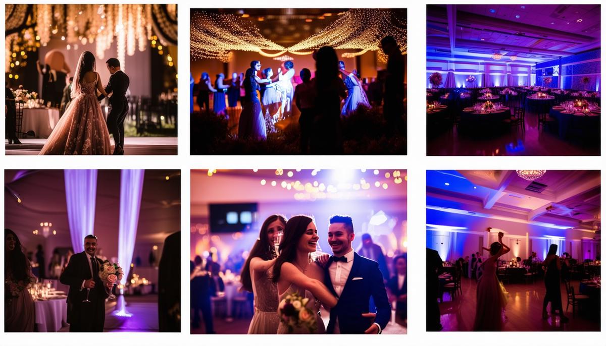 A collage showcasing various event photography techniques, including lighting, composition, and candid shots