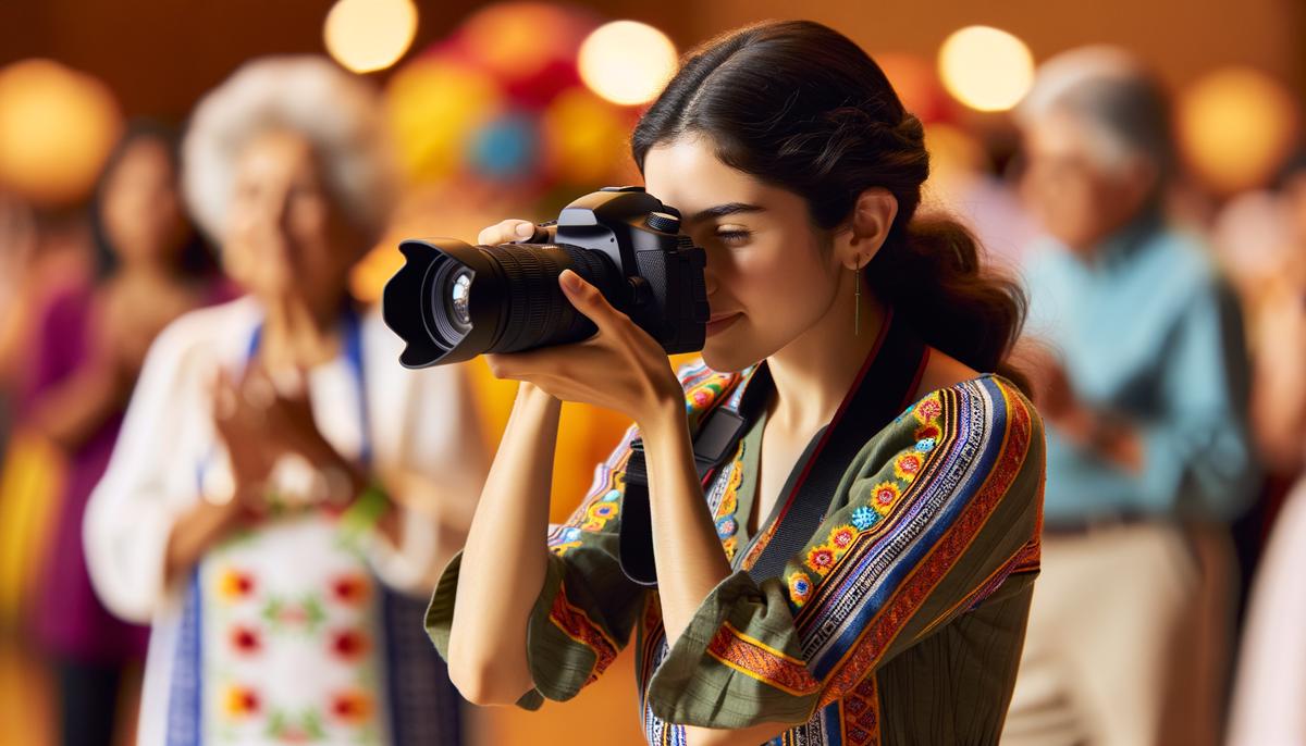 A skilled event photographer employing various techniques to capture stunning images at a San Antonio cultural celebration, showcasing the use of lighting, composition, and timing to create impactful photographs.