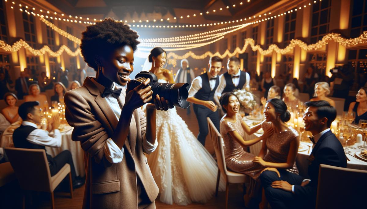 A skilled event photographer demonstrating various techniques such as using creative angles, adjusting lighting, and capturing candid moments at a lively wedding reception.