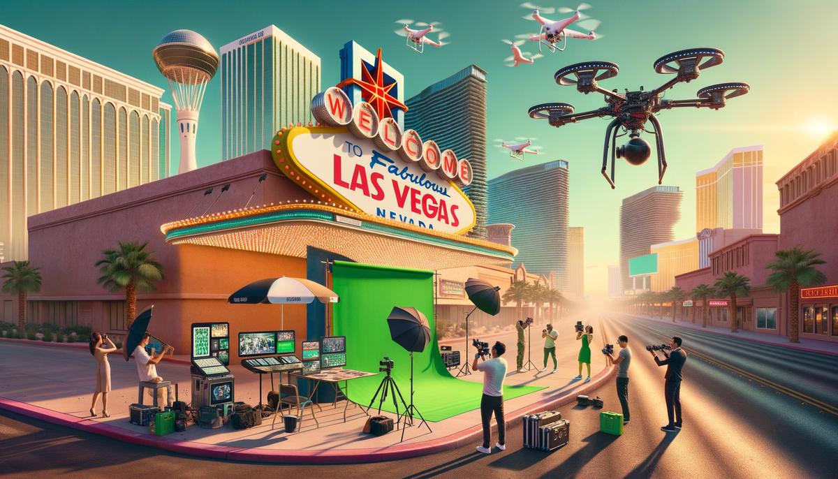 Advanced event photography technology in action, such as on-site printing, green screen setups, and drone aerial photography, showcasing how Las Vegas photographers harness innovations to enhance their services.