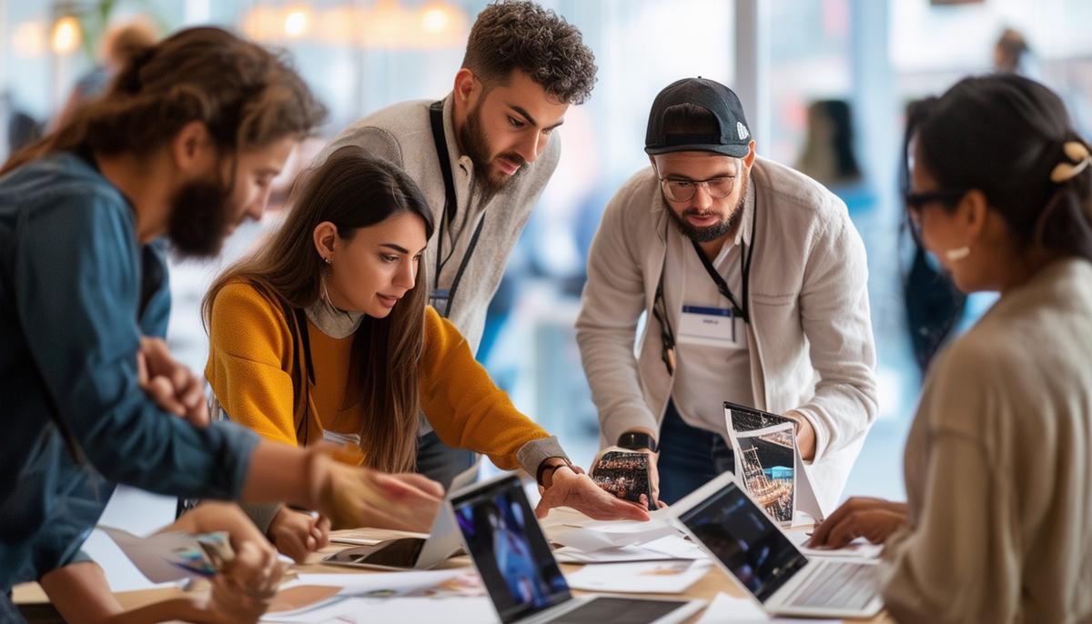 A marketing team reviewing and selecting event photographs for a branding campaign