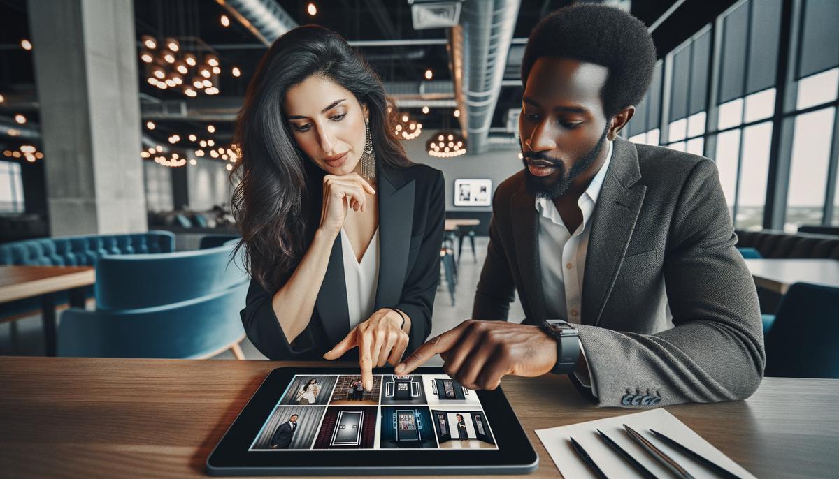An event planner discussing photo booth options with a client in Dallas