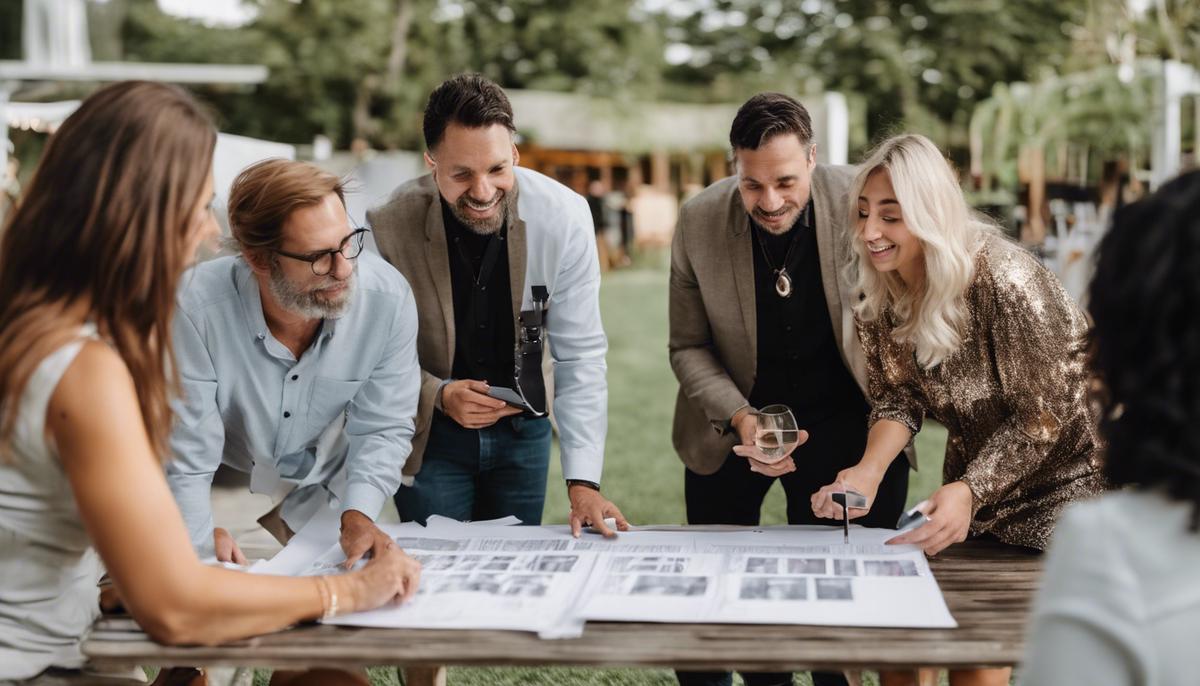 Event organizers and a photographer discussing plans for a company anniversary celebration