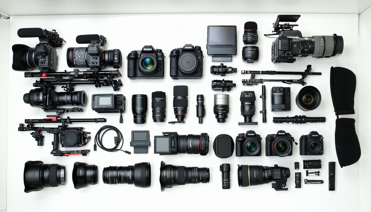 Various videography equipment laid out, including cameras, microphones, and lighting gear