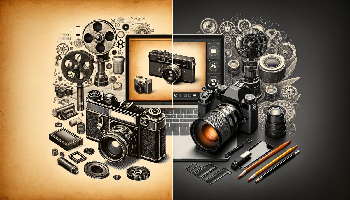 A split image showing traditional film camera and modern digital camera equipment for business event photography