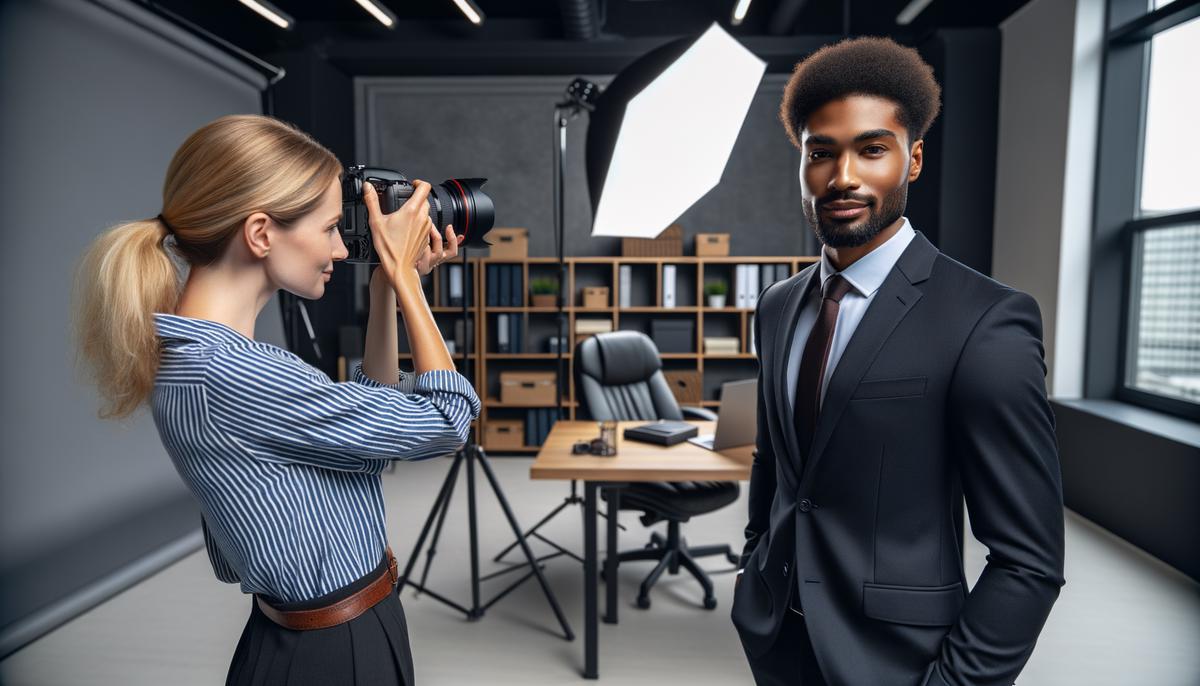 A photographer capturing a portrait of an executive in their office, with professional lighting equipment visible