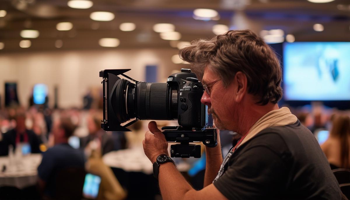 An experienced photographer reviewing shots on a camera at a Nashville conference venue