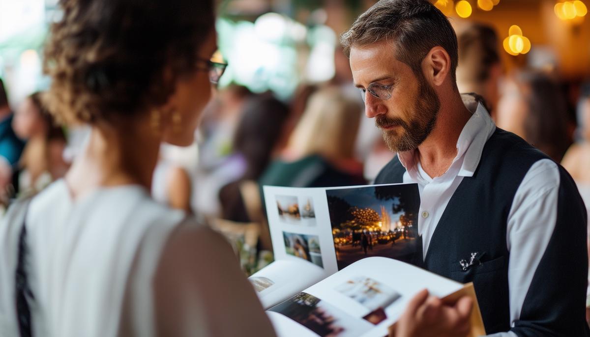 A client reviewing the impressive portfolio of an experienced event photographer, showcasing their expertise in capturing diverse events and their ability to deliver high-quality results consistently.