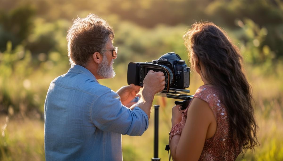 An experienced photographer guiding a client during a photo session