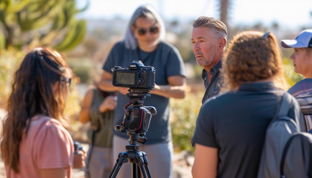 An experienced photography instructor demonstrating techniques to a diverse group of students in an outdoor setting in San Diego