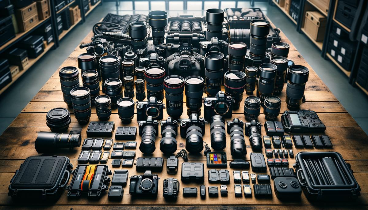 An organized collection of photography equipment, including cameras, lenses, memory cards, and backup gear, ready for capturing a business expo event