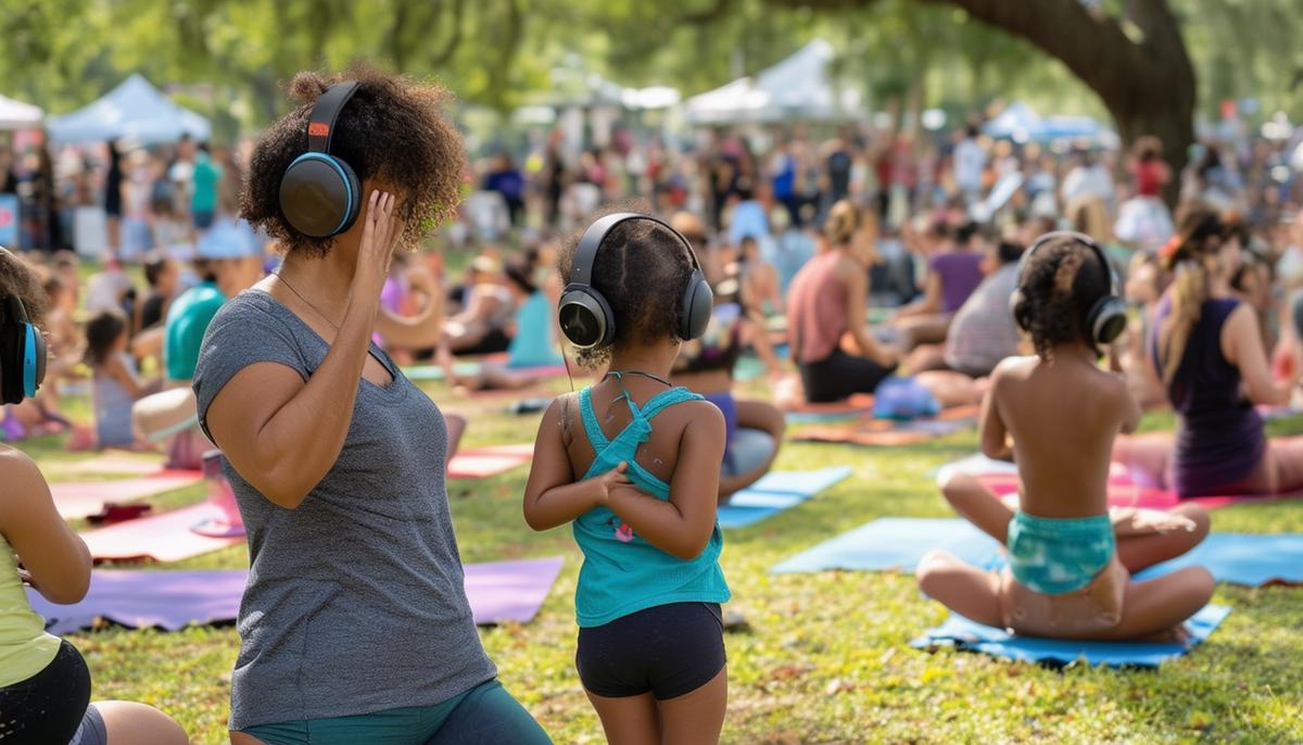 Families participating in various activities at Mid-City Bayou Boogaloo, including yoga by the bayou, children's drumming workshop, and silent disco for kids