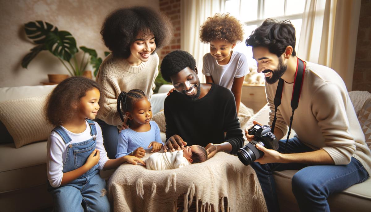 A family enjoying a newborn photo session with a welcoming photographer