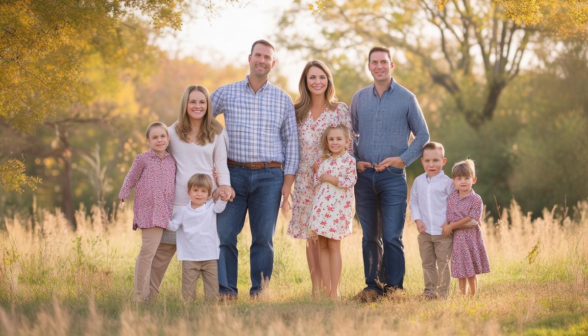 A collection of coordinated family outfits for a photo session
