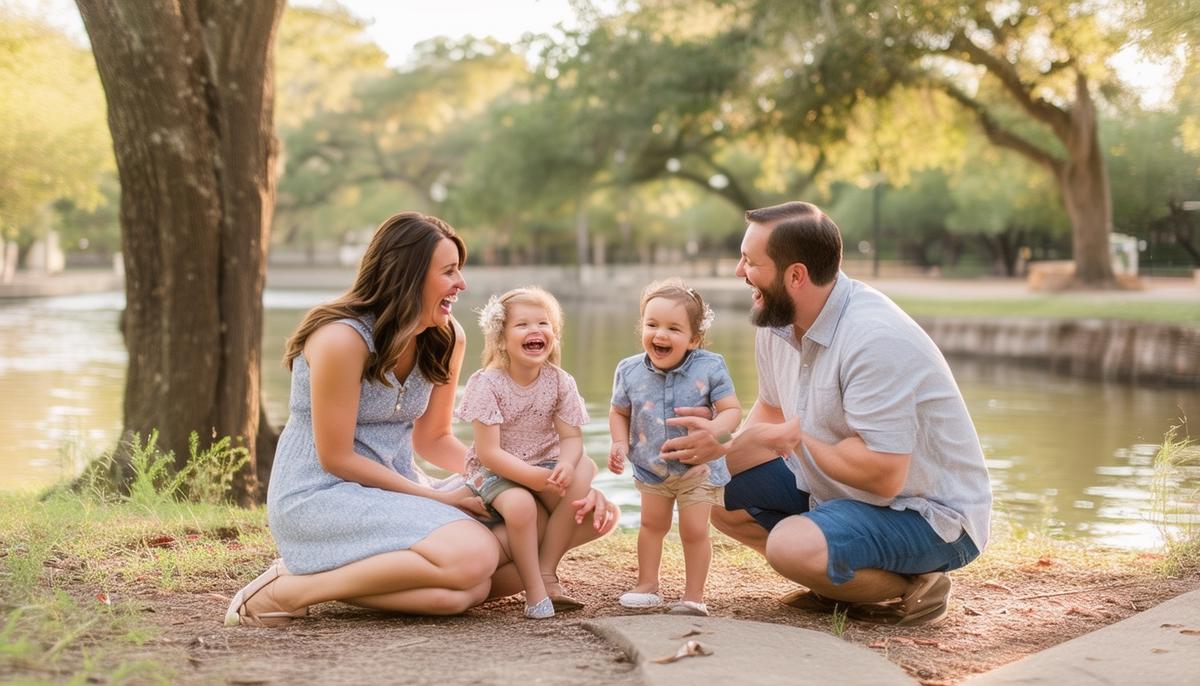 A candid moment during a family photography session in San Antonio, showing a family laughing and interacting naturally in a beautiful outdoor setting like a park or the riverwalk.