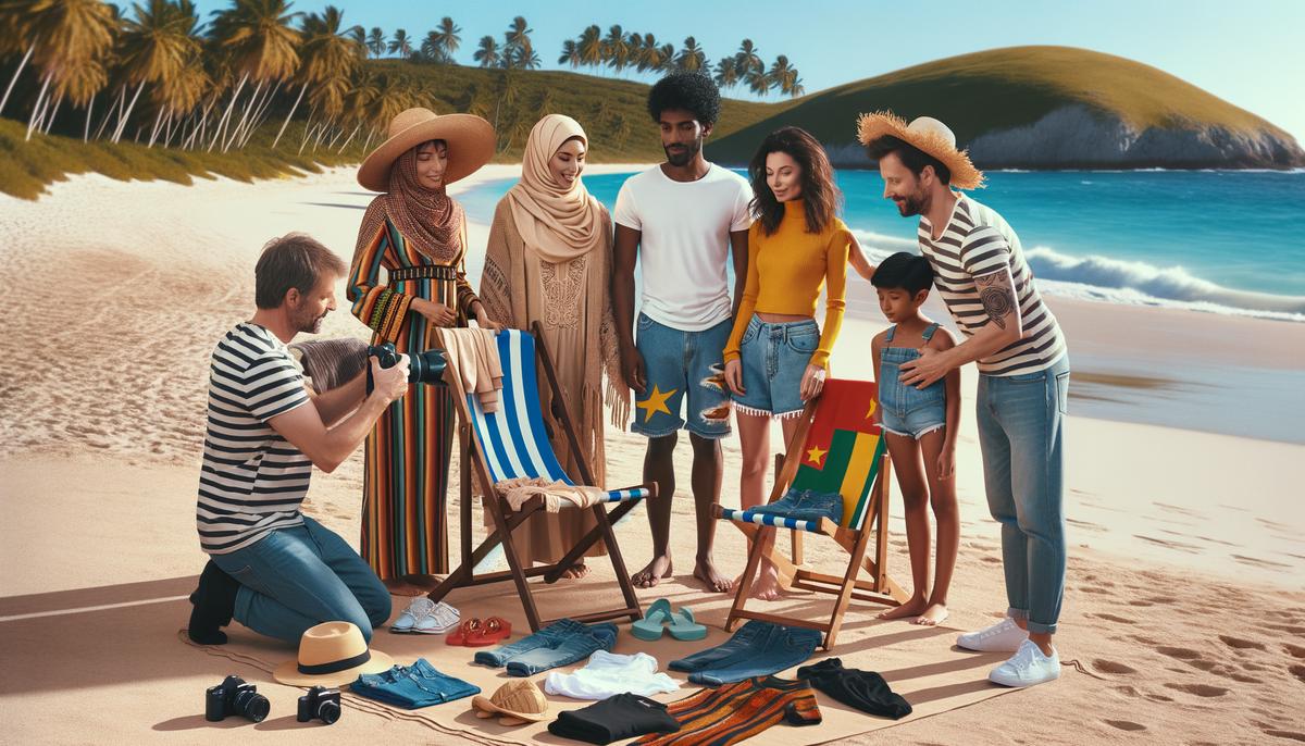 A family preparing for a photoshoot on a Palm Beach, with a photographer giving wardrobe advice