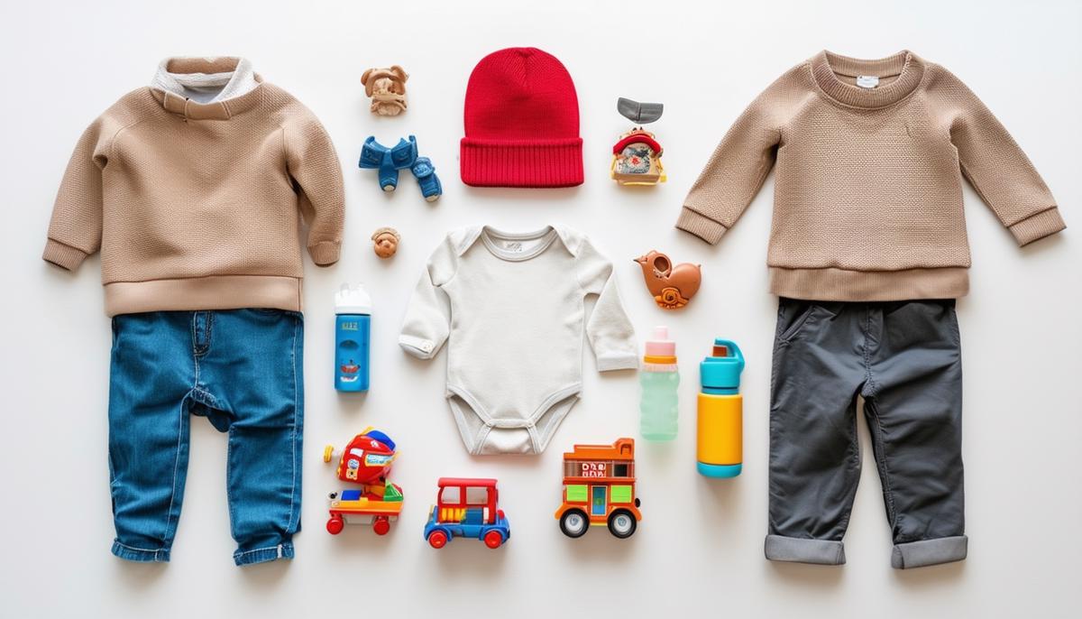 A flatlay or styled scene showcasing items and accessories that represent the key tips for preparing for a successful family photoshoot, such as coordinated outfit pieces, favorite toys or snacks for kids, water bottles, and a photoshoot planning checklist. The image conveys a sense of organization, anticipation, and attention to detail.