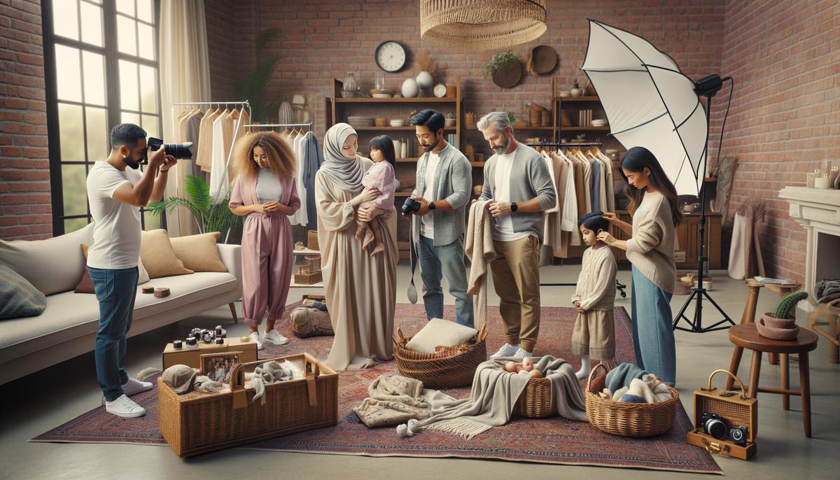 A family getting ready for a photoshoot, coordinating outfits and preparing props